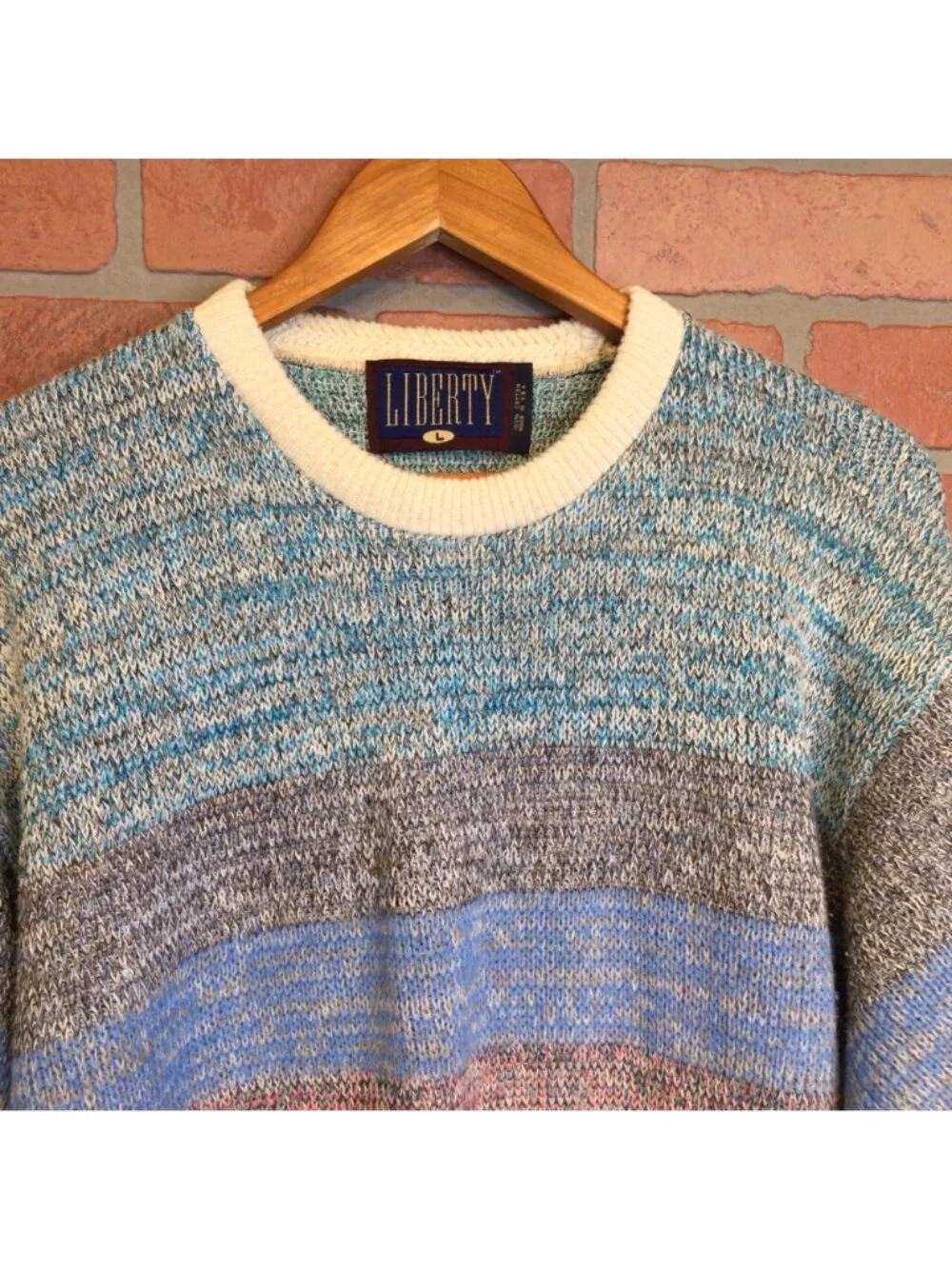 Vintage Liberty Striped Grandpa Sweater Size L Made in USA Preppy Crew Pullover